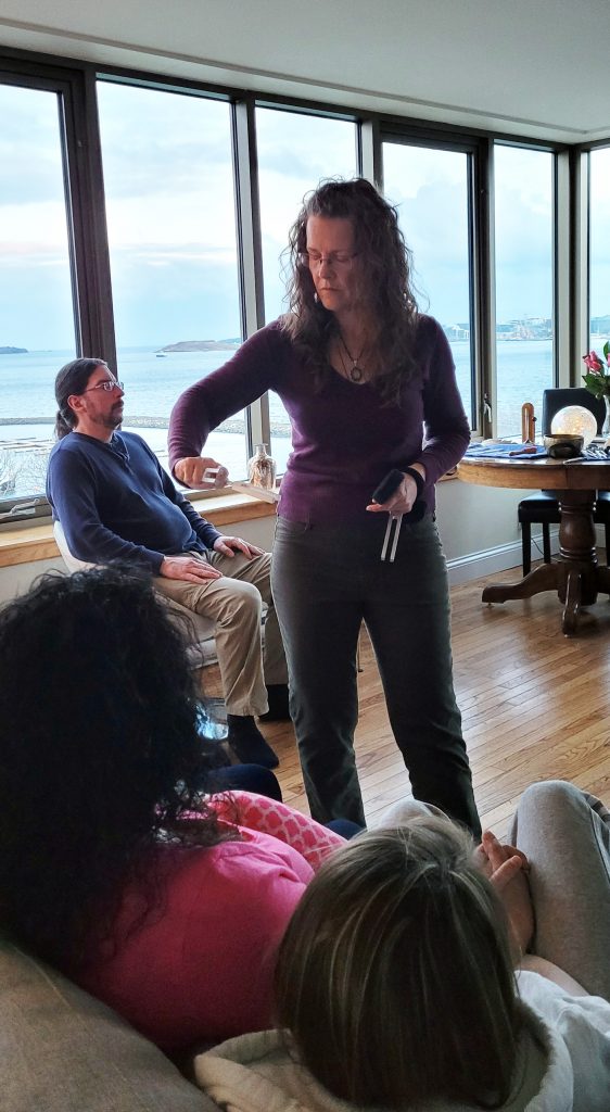 Kerry offering sound healing at the Creating Connections Circle in April 2021