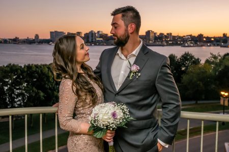 Bride and groom looking in each other's eyes
