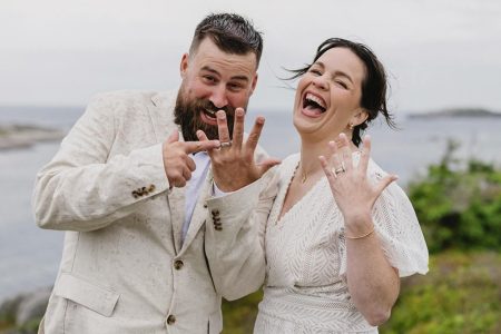 Newly married couple showing their wedding bands